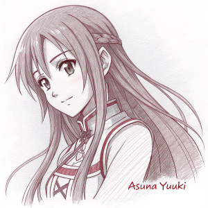Digital art piece featuring Asuna Yuuki from 'Sword Art Online'. Pencil and ink techniques utilized for detailed sketch. Plain background. Artist's signature at bottom right corner.