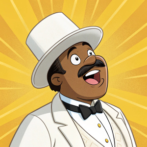 In a vibrant, cartoonish universe, Doug Dimmadome stands out with his earthy skin tone and luxurious mustache. Wearing a snowy top hat, crisp white shirt, and a black bow-tie, he's framed by a bright yellow backdrop. His wide-eyed wonder and dynamic pose embody the spirit of 'The Fairly OddParents'.