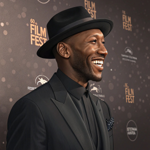 Mahershala Ali, smiling warmly, at a film festival. Black hat, suit. Dark, textured background with event logos.