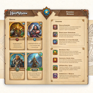 Illustration of Hearthstone characters and cards. Article written in Portuguese, featuring list of cards with descriptions. Structured format