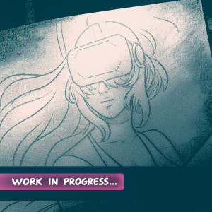 Concept art of Yang Xiao Long from RWBY, in mid-draw state. Shows her face, hair, and VR headset. Sketchy lines, shading visible. Annotation 'WORK IN PROGRESS...' at bottom.