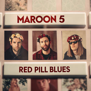 Album cover for Maroon 5's 'Red Pill Blues' featuring band members in vintage Polaroid style photos. Decorative elements include floral headpieces and animal-themed accessories. Bold 'MAROON 5' and 'RED PILL BLUES' text. Modern and whimsical design inspired by pop art.
