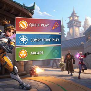 Overwatch game lobby screen. Quick Play, Competitive Play, and Arcade modes highlighted. Vibrant UI with game icons.