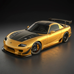 3D rendering of a sleek golden-yellow Mazda RX7 Tokyo Drift concept car. Dark roof and aerodynamic accents. Angular lines and vents. Futuristic design