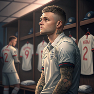 Kieran Trippier, soccer player, in the locker room. Wearing casual shirt, tattoos visible. Teammates in background, blurred