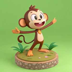 3D rendering of Pipo Monkey, a cheerful cartoon character. Standing on textured base with earthy tones. Playful pose, dynamic stance, and joyful expression. Vibrant green background.