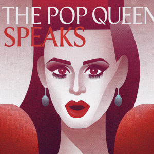 Katy Perry on the cover of GQ magazine. Bold headline reads 'The Pop Queen Speaks'. Close-up shot showcasing her long dark hair and striking makeup with bold red lipstick. Simple neutral background.