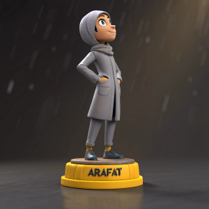 A digital 3D model of a cartoon character named Arafat. Young adult with gray outfit and confident stance. On yellow pedestal with 'ARAFAT' text. Against a dark, abstract background.