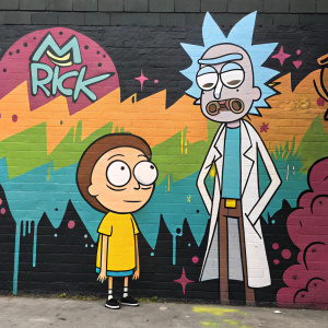 Stylized graffiti featuring the characters Rick and Morty. Vibrant colors and drippy paint effect