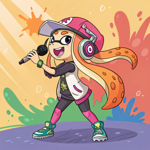 Paruko from Splatoon, energetic pose, holding a microphone, colorful abstract background