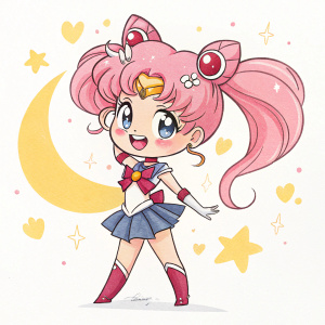 Chibi-style drawing of Sailor Moon. Bright, cheerful colors. Pink hair and classic outfit. Simple background