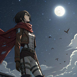 Mikasa Ackerman, from the anime Attack on Titan, standing against a moonlit night sky backdrop. She wears a red scarf and a detailed outfit. Small birds flying around her, adding to the serene yet tense atmosphere.