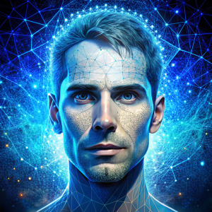 A man's face on a neural network background, a picture in white and blue colors