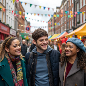 Lauren Socha, Iwan Rheon, and Antonia Thomas at a bustling city street festival, surrounded by urban architecture and a lively crowd.