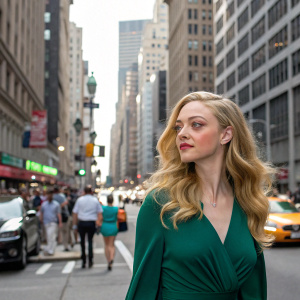 Amanda Seyfried, blonde hair, wearing a deep green blouse. Standing in front of a bustling city street scene.