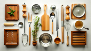 Flat lay composition with kitchen instruments on white background