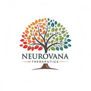 Eye-catching logo for Neurovana Therapeutics. A vibrant, multi-colored tree design dominates the center, with shades of orange, red, green, and gray. Below, the company name 'NEURVANA THERAPEUTICS' is neatly inscribed in a sleek, modern font.