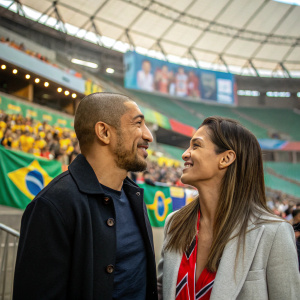 Jose Aldo and Vivianne in a candid moment. An outdoor sports arena. Fans and banners in the background.