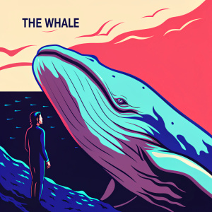 Movie poster for 'The Whale'. Darren Aronofsky's artwork. Underwater scene with giant whale and human figure. Warm color tones, dramatic style.