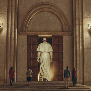 A papal figurehead cutout of Pope Francis placed at the grand entrance of a cathedral. The cutout, dressed in traditional papal robes, stands against a backdrop of warm, inviting church interiors and architecture. People of various attire and expressions enter the sacred space.