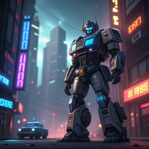 Ironhide, the iconic Autobot, in battle-ready stance. Futuristic design with gray, black, and blue colors. Shot against a bright, neon-lit cityscape background.