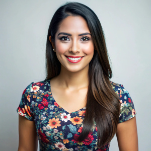 foto de carnet, marketer mujer latina, vestido juvenil con camiseta