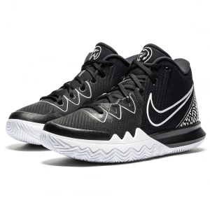 Kyrie Irving's signature sneakers, black and white Nike Kyrie 7, elegant design. Wavy pattern, big swoosh, smooth upper, black laces with logo. On white background, professional photo.