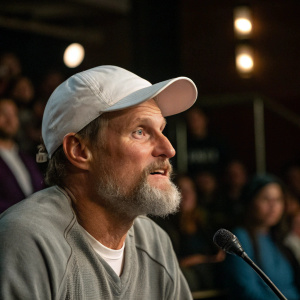 Woody Harrelson, with a gray beard and wearing a white cap, appears in a candid photo from a press conference. The room is dimly lit, with blurred audience in the background.