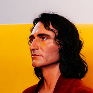 Joaquin Phoenix's detailed 3D portrait. Realistic facial features, long wavy hair, dark brown. Background a gradient of soft, muted gray tones.