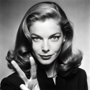 CREA UN RETRATO EN BLANCO Y NEGRO, DE MEDIO CUERPO EN EL ESTILO DE RICHARD AVEDON, DE LAUREN BACALLHACIENDO EL SIGNO DE LA PAZ DE DOS DEDOS