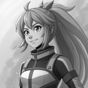 Digital art piece featuring Nejire Hado from My Hero Academia. Gray tones. Youthful, confident female character. Adobe software used. Close-up inset.