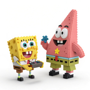 SpongeBob SquarePants and Patrick Star in a modern, sleek graphic design. Vibrant colors against a clean, white background. Video game-style pixel art