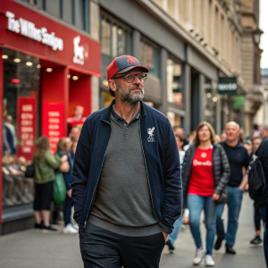 Jurgen Klopp, in a casual outfit, walking through a crowded city street, Liverpool FC merchandise seen in background