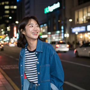 Seo Eun-soo, Korean actress, smiling brightly. She's in a casual outfit of a blue denim jacket and a striped shirt. The backdrop is a bustling city street at night.