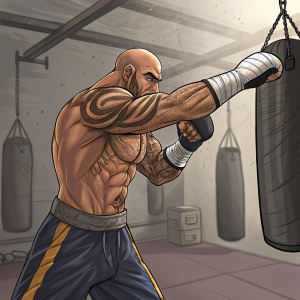 Sagat, from Street Fighter, in a training montage. Muscular physique, boxing gloves, detailed tattoos