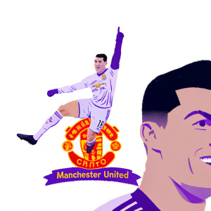 Illustration of Cristiano Ronaldo. Manchester United Logo in background. Celebratory pose after scoring a goal.