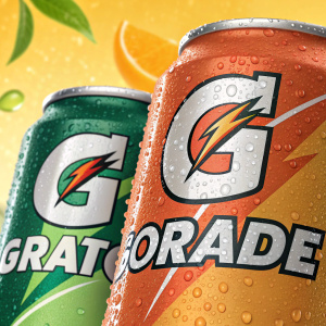 Dynamic graphic showcasing Gatorade's branding. A bold G-shaped logo intertwined with a lightning bolt graphic symbolizing energy. Beneath, the word GATORADE in striking font.