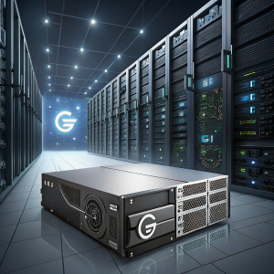 G Technology's G Rack 12, a robust NAS solution, integrated within a bustling data center, surrounded by numerous servers and tech equipment.