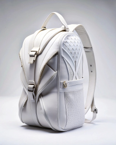 white fashion futuristic  backpack elegant bag, vivid texture, intricate details, modern, white background