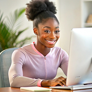  Simone Biles working on a computer smiling