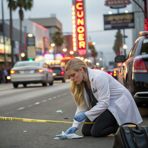 Emily Procter as Calleigh Duquesne examining evidence at a bustling city street crime scene. Neon signs and passing cars in background.