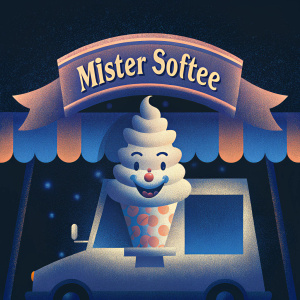 The Mister Softee mascot, an iconic ice cream truck character. Cheerful face with wide grin. Wearing classic ice cream cone outfit with layered toppings. The Mister Softee logo above