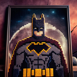 Pixel art of Batman. Low-poly style, dark colors. Silhouette against a dark nebulous background. High contrast