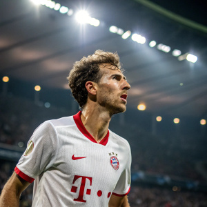 Leon Goretzka, intense expression, soccer match. White Nike shirt with red trim, T-Mobile logo visible. Stadium lights, blurred audience.
