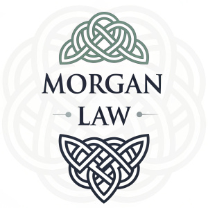 Elegant logo design for Morgan Law. Features bold 'MORGAN LAW' in black font atop a Celtic knot pattern. Clean white background.