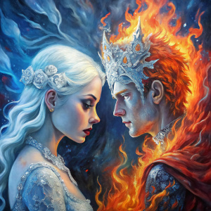 ice princess and fire prince, love, oil paint, old time, realistic