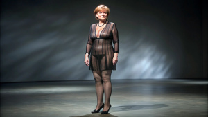 angela merkel in see-trough body, biggest all visible saggy decollete, high heels and stockings, realistic face, 4k, full body view, complete body,