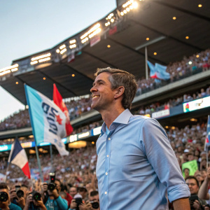 Beto O'Rourke, wearing a light blue shirt, at a lively rally. Crowded stadium, cheering supporters