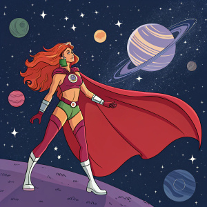 Starfire, a vibrant female superhero with a flowing, red cape. She stands confidently in a dynamic pose against a night sky filled with stars and planets.