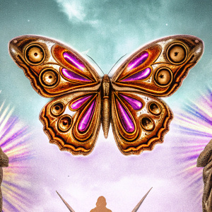 Digital artwork for 'Mal Acostumbrado' by Mau y Ricky, featuring a psychedelic butterfly on a purple and green backdrop.